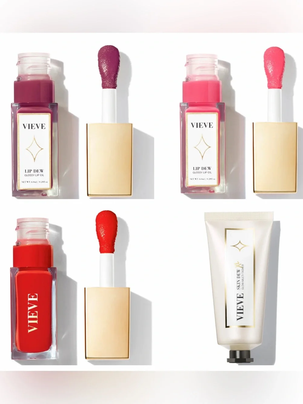 VIEVE Lip  Dew Glossy Lip Oil - Cherub, Cherry Strawberry & Skin Dew Multitasker